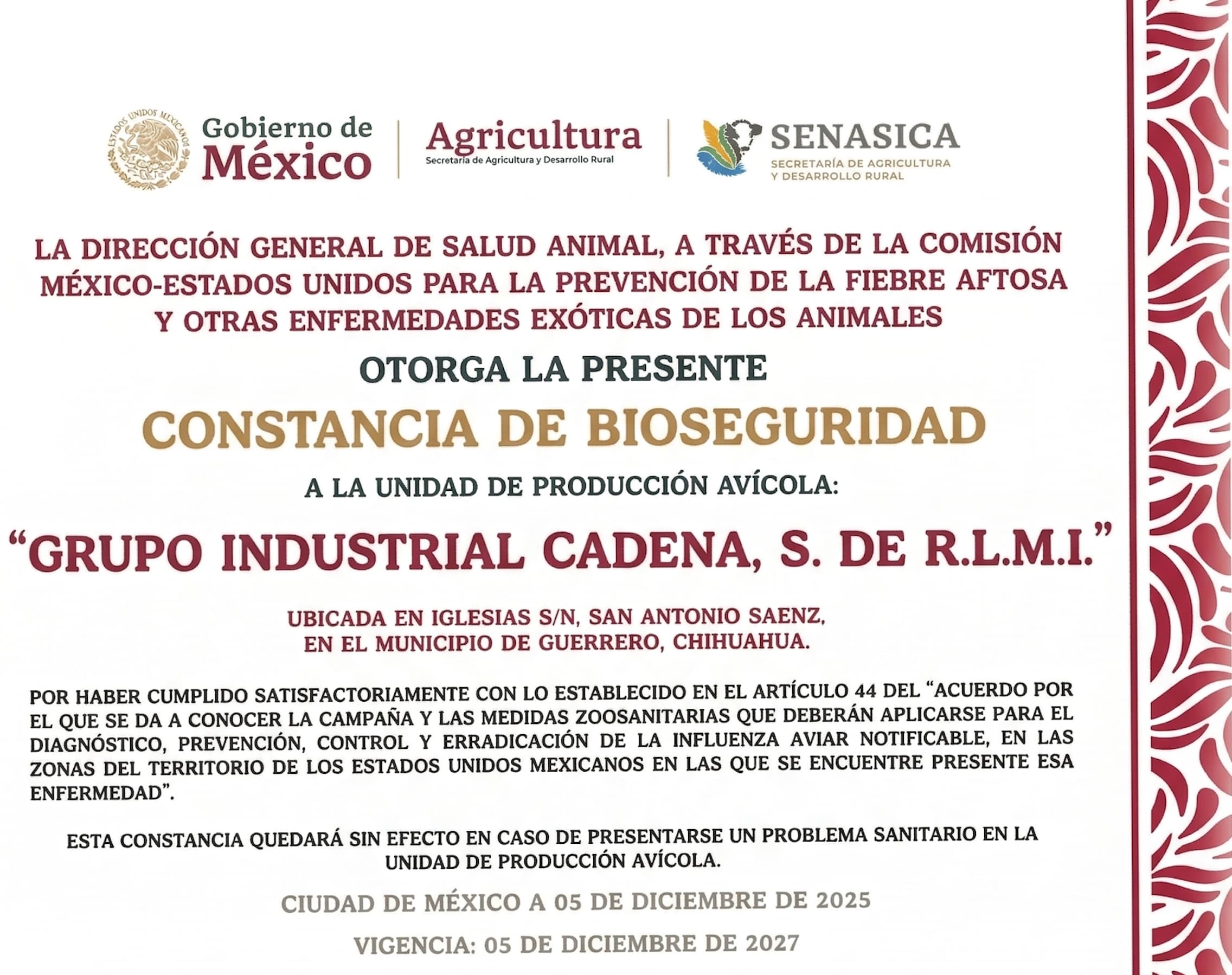 Constancia de Bioseguridad SENASICA